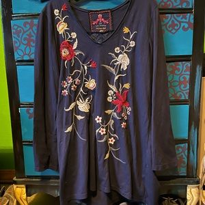 Navy blue Johnny Was long sleeve embroidered blouse